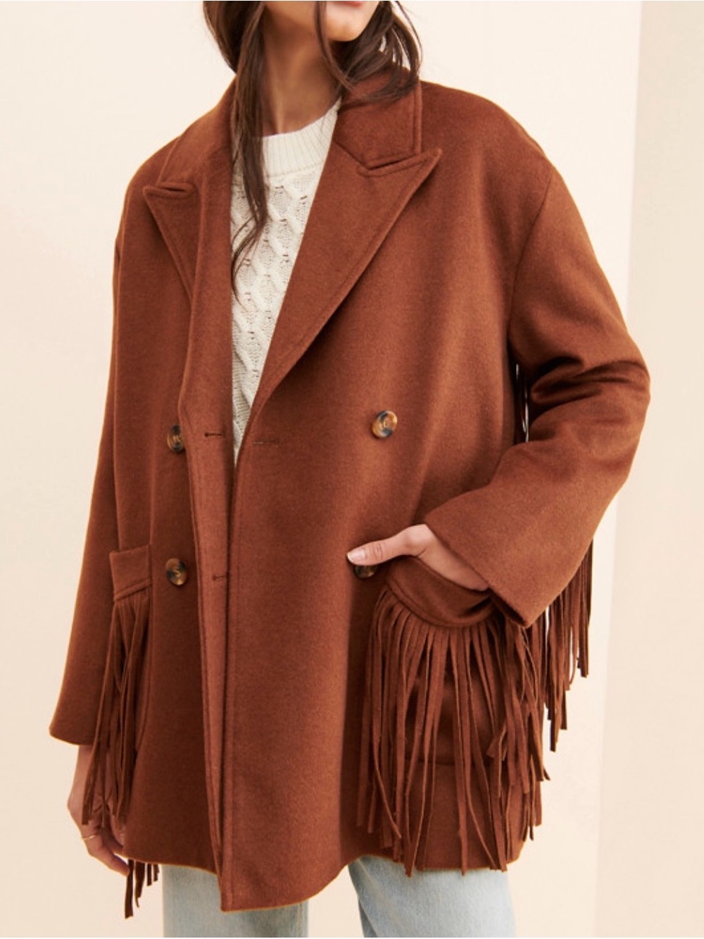 Line and Dot Women’s Jenny Double-Breasted Fringe Coat - Brown (S) $182 retail
